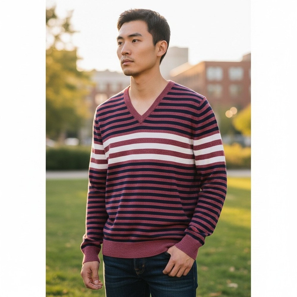 Express V-Neck Sweater M Burgundy Navy White Striped Excellent Long Sleeve Knit